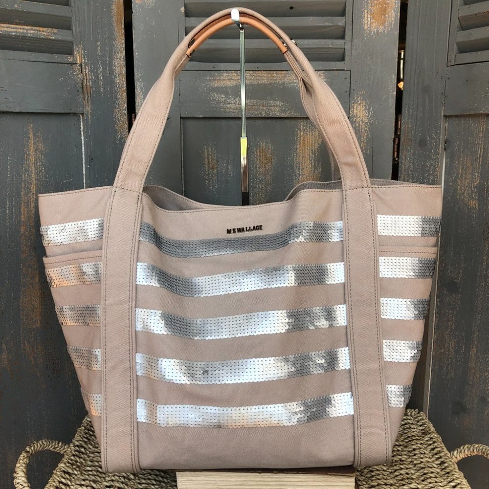 MZ Wallace Ava Canvas Sequin Stripe Tote Tan NWOT